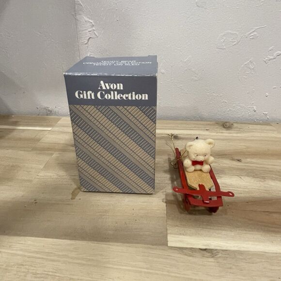 Vintage 1980's Avon White Teddy Bear on Red Metal Sleigh Christmas Ornament - Picture 2 of 6